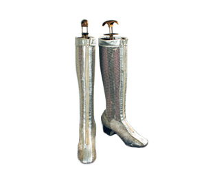 Silver mesh boots that have see through shafts and bodies.